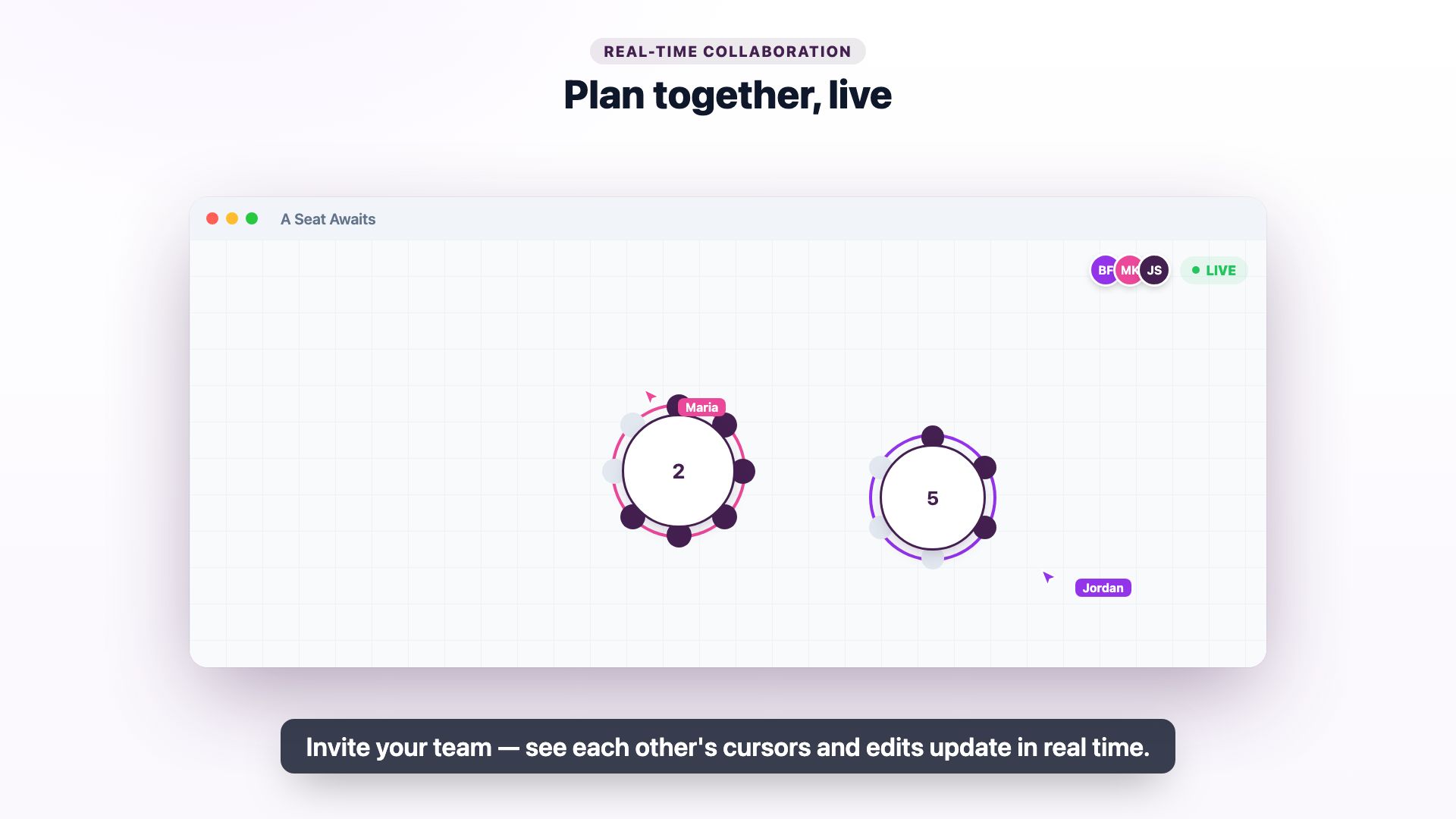 Multiple collaborators editing a floor plan with live cursors