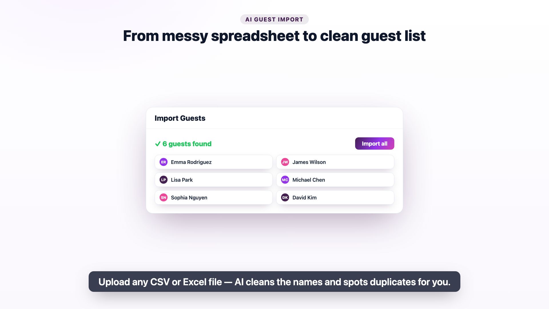 Importing a messy spreadsheet and letting AI extract clean guest names